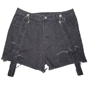 Ripped Raw Hem Denim Suspender jean Shorts XL